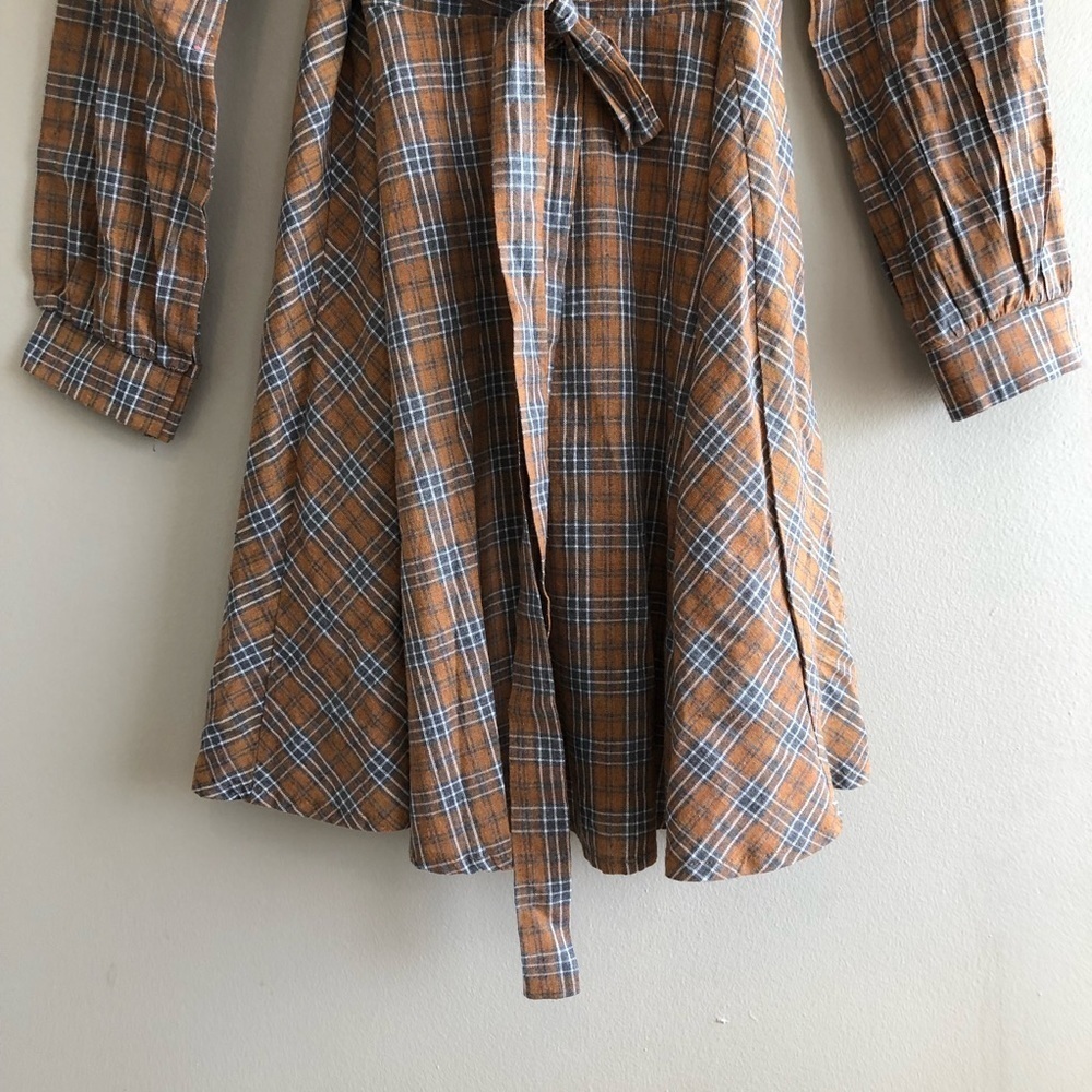 Vintage Plaid Tie Waist Mini Dress Long Sleeve V Neck Fit & Flare Small - Picture 10 of 12